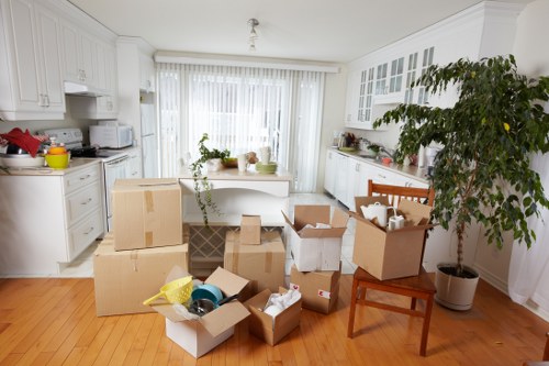 Packed boxes and household items ready for house removal in Beddington