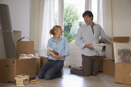 Packed boxes and office items ready for transport during a business relocation