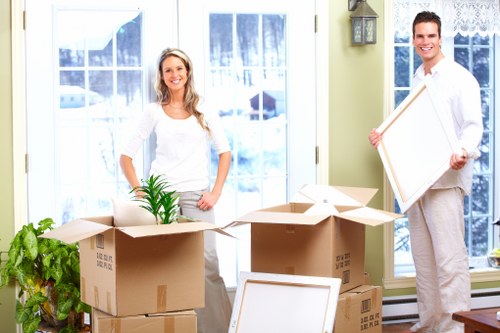 Office relocation materials and business furniture ready for transport