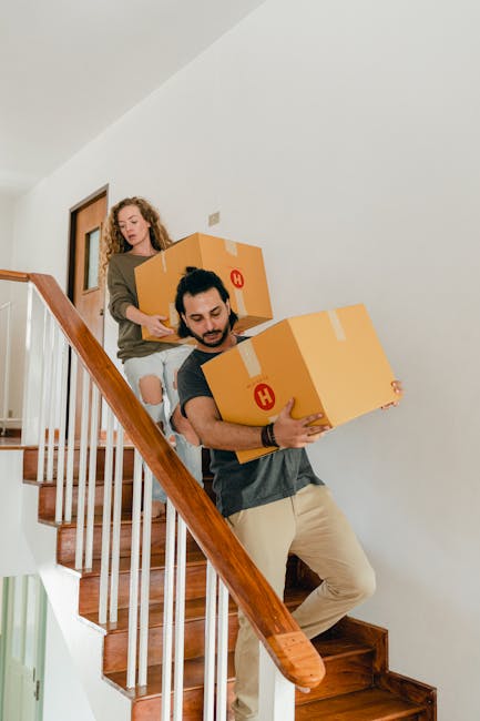 Two removal personnel from Man With a Van Beddington are seen carrying cardboard boxes on a staircase inside a residential property during a home relocation. The man in the foreground, dressed in a dark T-shirt and beige trousers, is holding a medium-sized box with packing tape and a red symbol, carefully navigating the wooden staircase with a polished handrail. Behind him, a woman with curly hair, wearing a khaki jacket and ripped jeans, is ascending the stairs, also carrying a cardboard box. The staircase is indoor, with wooden steps and white walls, and the scene depicts the process of packing and moving furniture and boxes as part of a professional removals service. Natural lighting illuminates the interior space, emphasizing the careful handling of items during the loading process for a house move.